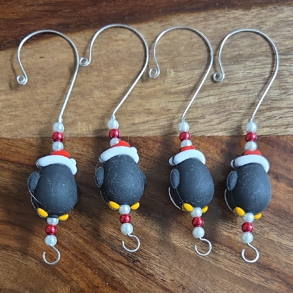 Penguin Christmas Ornament Hooks with Red and White Bead Accents - Picture 4 of 4